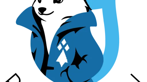 Mascotte hermine en blouson bleu, logo en fond.