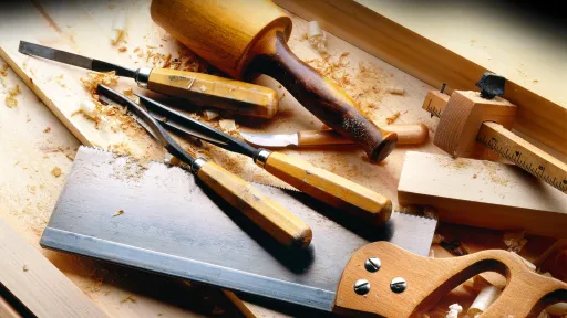 Competences techniques et m&eacute;tier. Outils de menuiserie sur &eacute;tabli, sciure de bois autour.