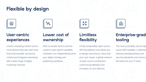 Drupal CMS. Quatre icônes avec textes sur flexibilité de conception.