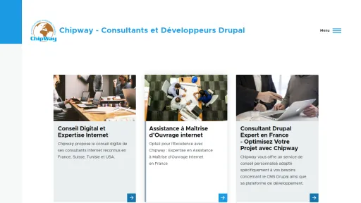 Premier site Drupal CMS en France avec trois cartes présentant des services Drupal.