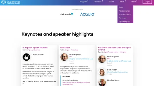 Chipway a participé au Drupal Europe 2018. Page web avec trois cartes de résumé des discours principaux.