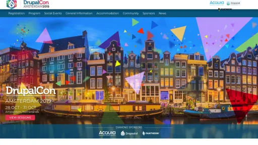 Chipway a participé au DrupalCon Amsterdam 2019. Bâtiments colorés au bord d'un canal avec des formes géométriques colorées.