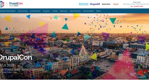 Chipway participe au DrupalCon Lille 2023. Vue aérienne colorée de la ville de Lille au coucher du soleil avec des motifs géométriques.