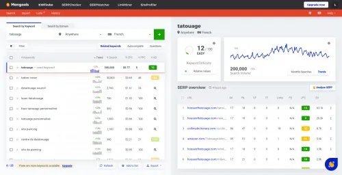 Interface d'analyse de données SEO avec tables et graphiques.