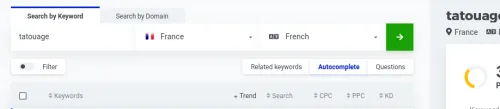 Interface d'un moteur de recherche de mots-clés en français.